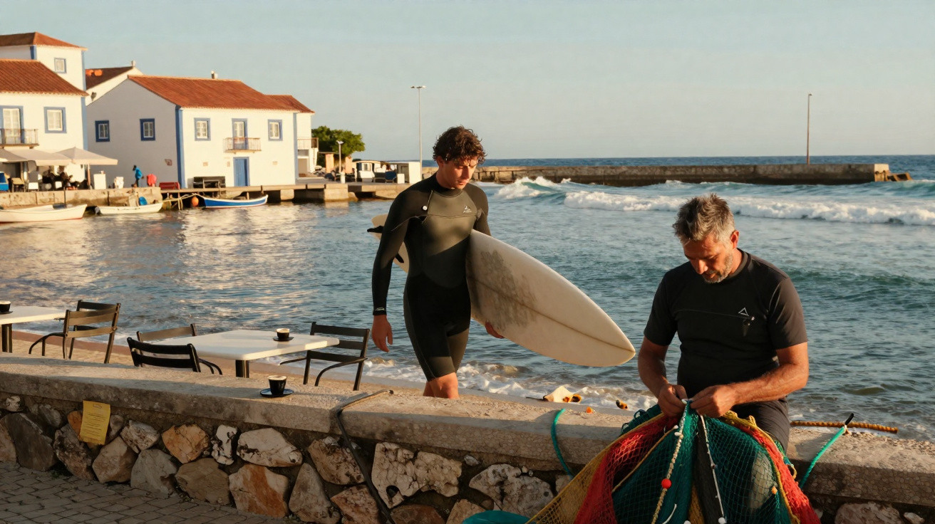 Homem com fato de surf a pé na praia e pescador a reparar redes junto a casas brancas costeiras.