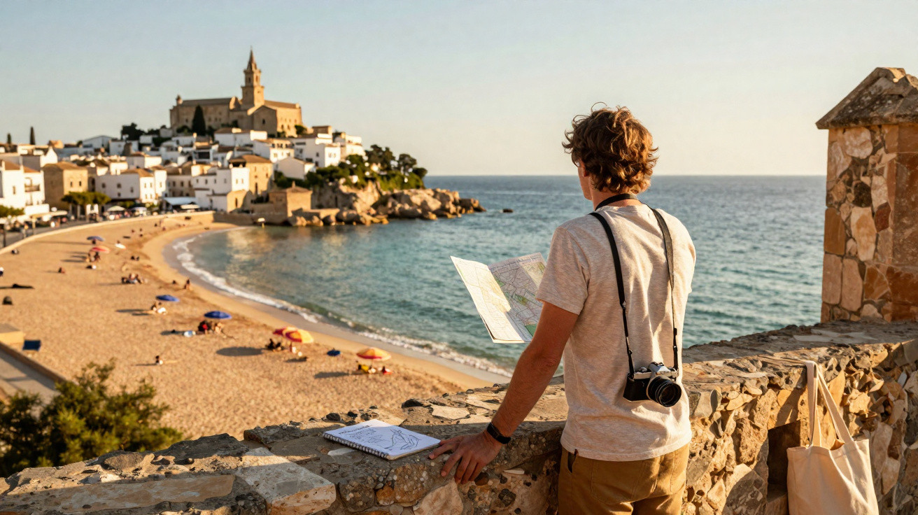 Jovem com mapa e máquina fotográfica observa vila costeira com praia e edifícios brancos ao pôr do sol.