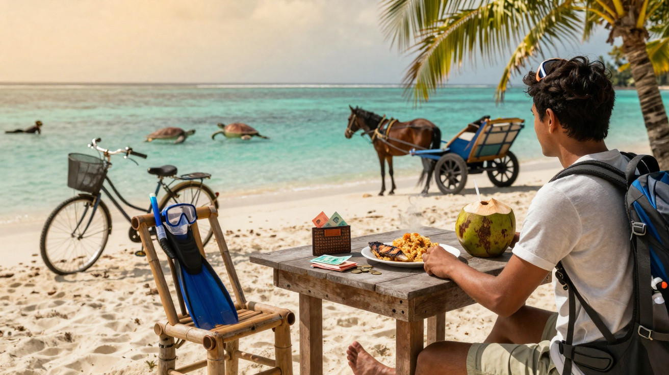 Homem com mochila a beber água de coco e a comer num restaurante na praia com cavalo e bicicleta ao fundo.