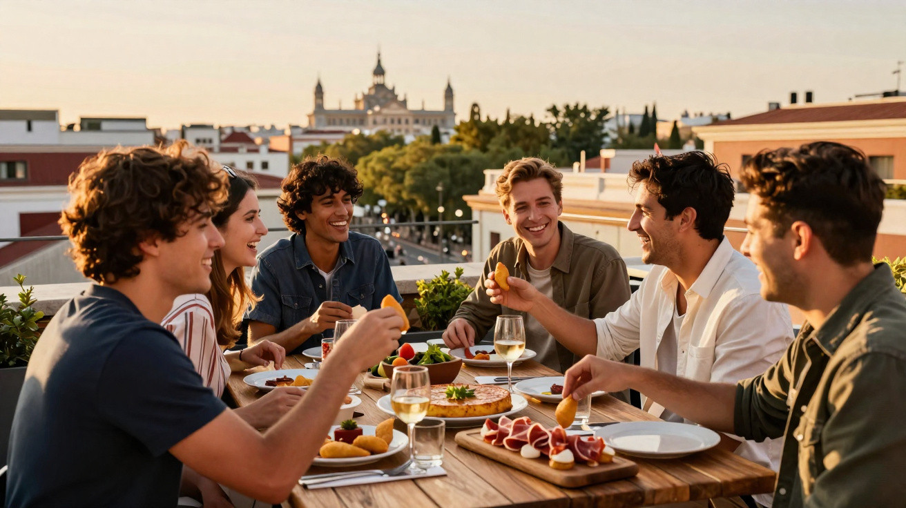 Grupo de amigos a jantar ao ar livre numa mesa de madeira com comida e vinho, ao pôr do sol numa cidade.