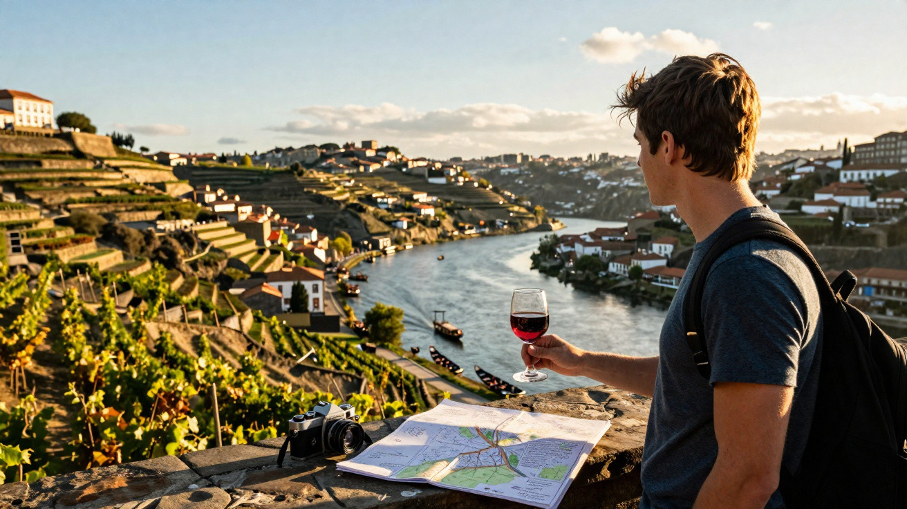 Homem a contemplar vinhas em socalcos junto a rio, segurando copo de vinho tinto ao pôr do sol.