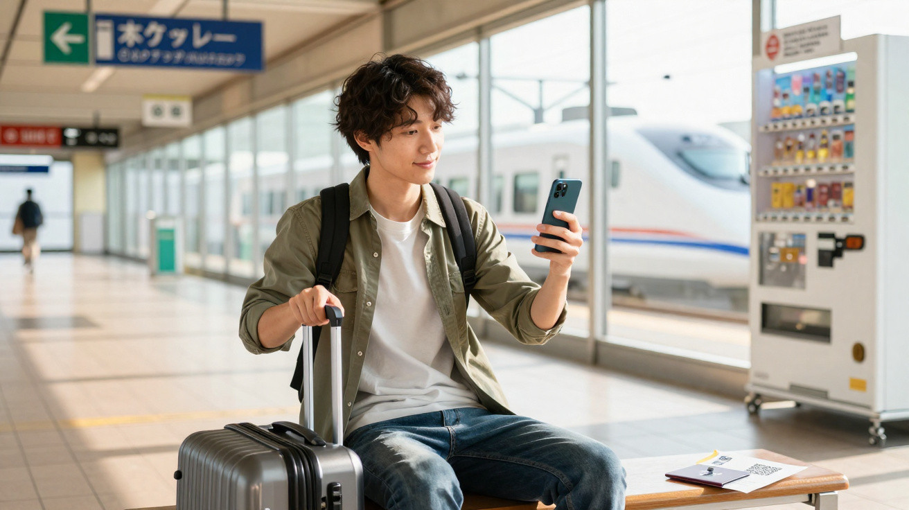 Homem jovem sentado numa estação de comboios com mala, a olhar para o telemóvel e sorrir.
