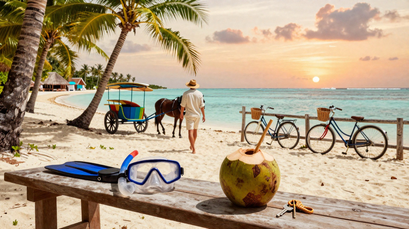 Praia ao pôr do sol com máscara de mergulho, duas bicicletas, um homem e um cavalo com coche ao fundo.