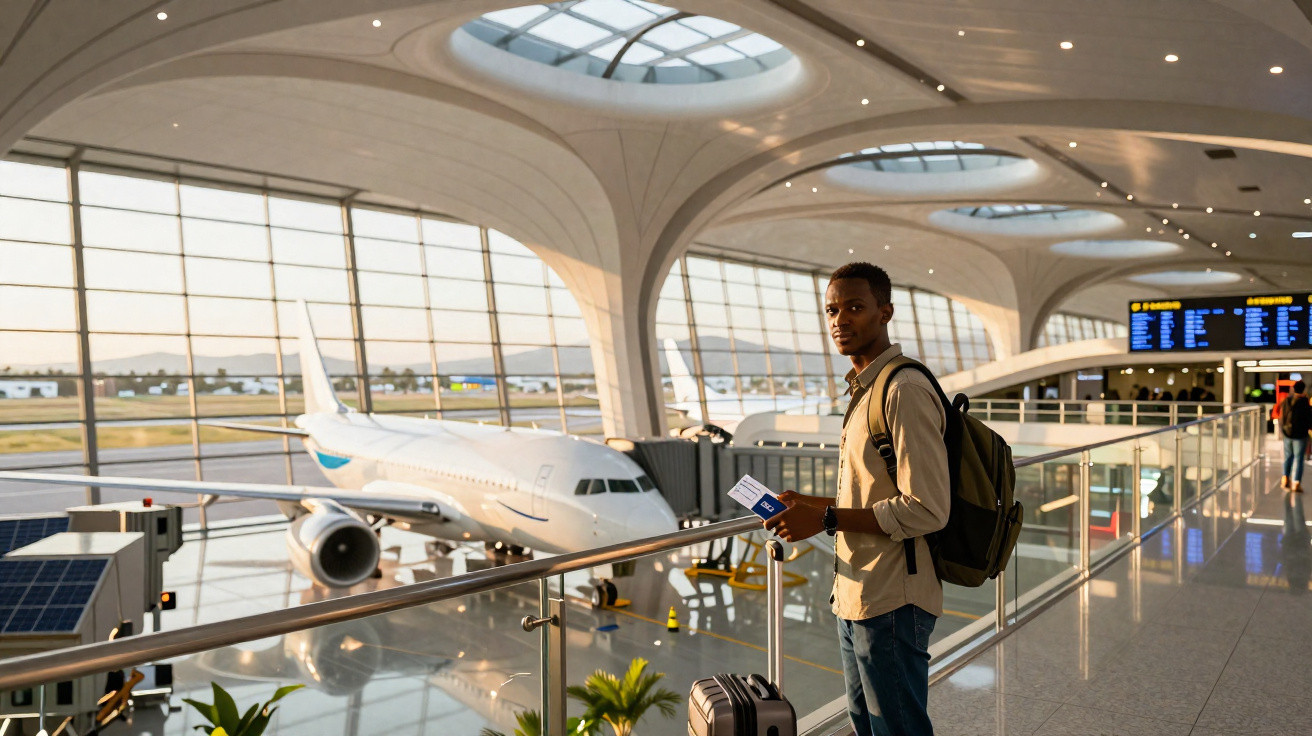 Homem com mochila e mala na mão, no aeroporto, com avião e painéis de voos ao fundo.