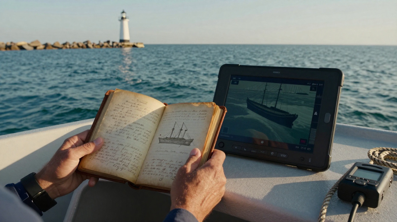 Pessoa segurando um diário com desenhos de barcos ao lado de um tablet com imagem de navio no mar e um farol ao fundo.
