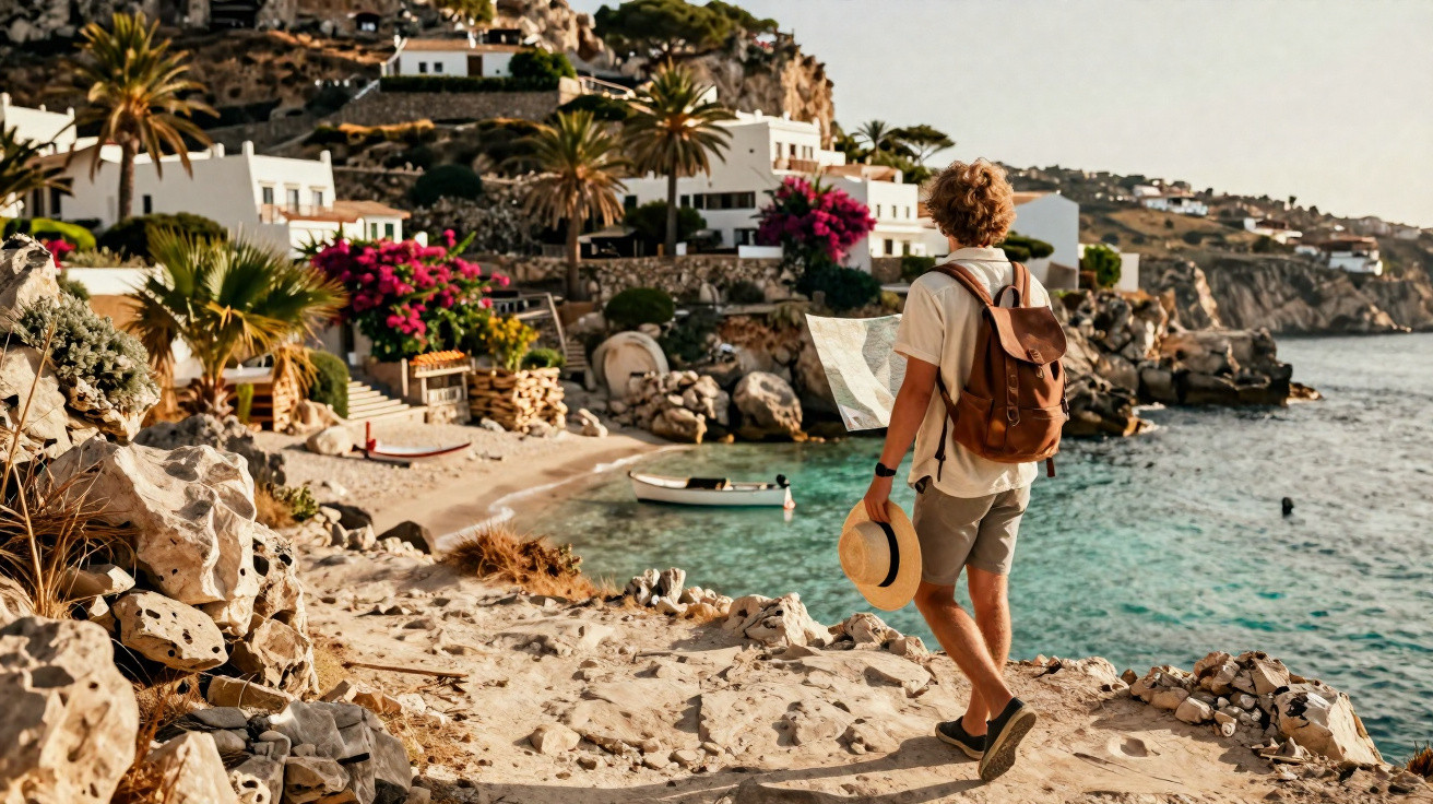 Homem com mochila e chapéu na mão observa mapa junto ao mar e casas rodeadas de flores e palmeiras.