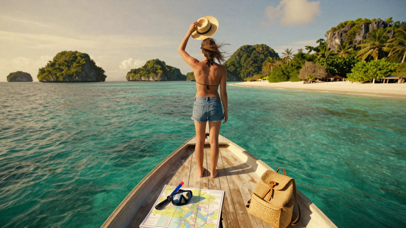 Mulher de costas numa canoa com chapéu na mão rodeada por ilhas tropicais e mar calmo ao amanhecer.