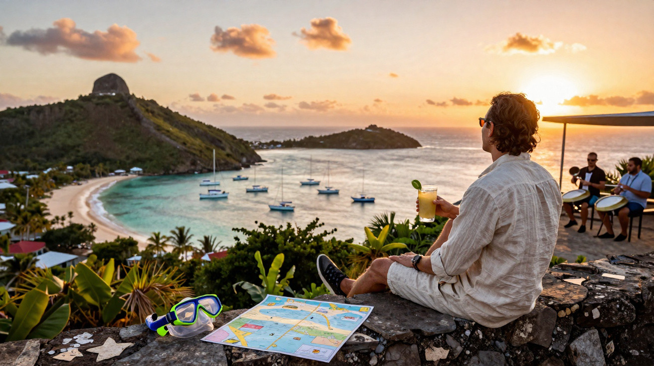 Homem sentado em muro com mapa e bebida observa baía com barcos ao pôr do sol tropical.