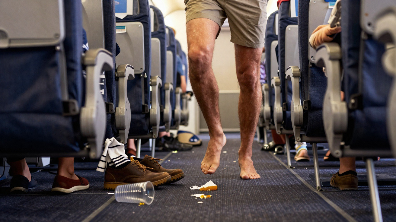 Pessoa descalça limpando líquido derramado no corredor de um avião, entre os assentos.