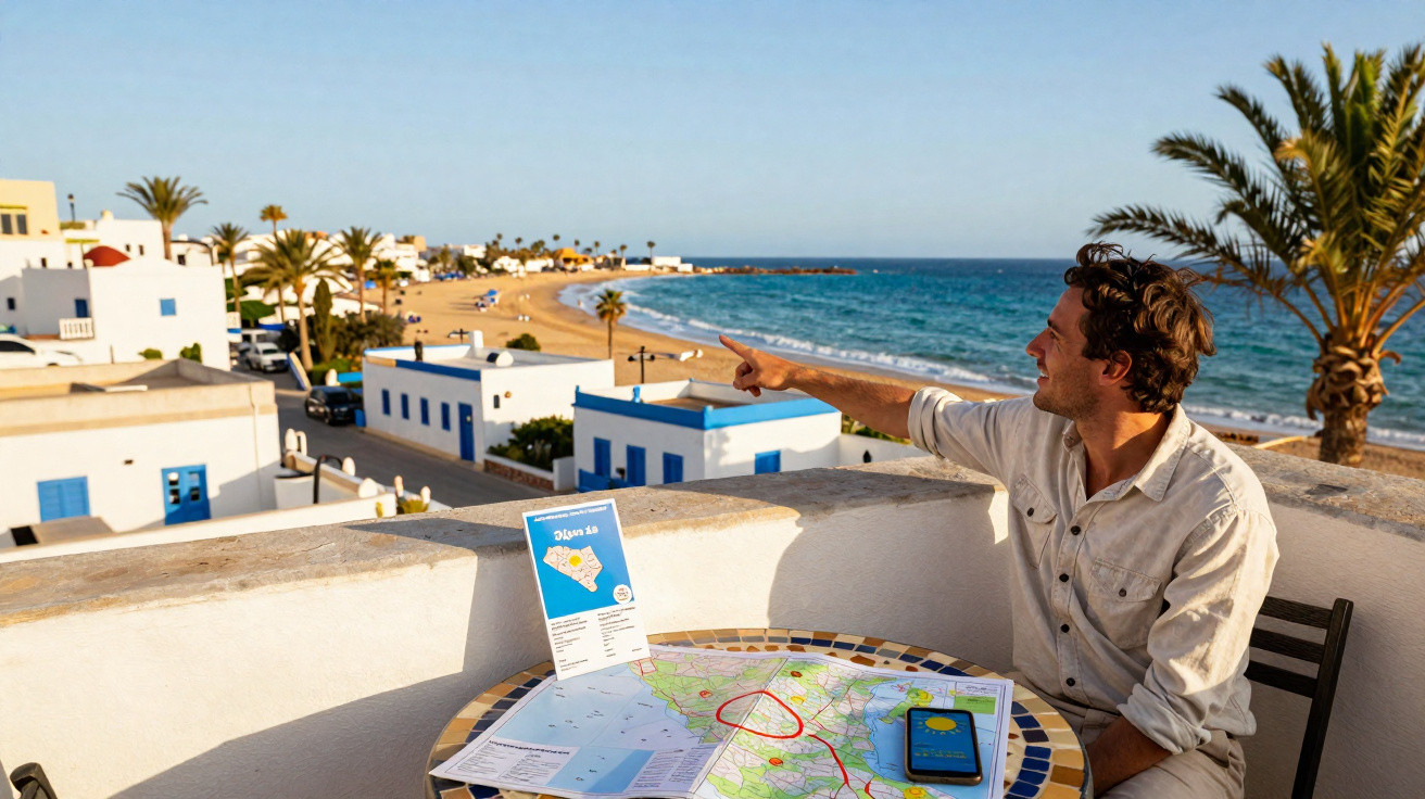 Homem sentado numa esplanada perto do mar, com mapas e guia turístico de Djerba numa mesa redonda.
