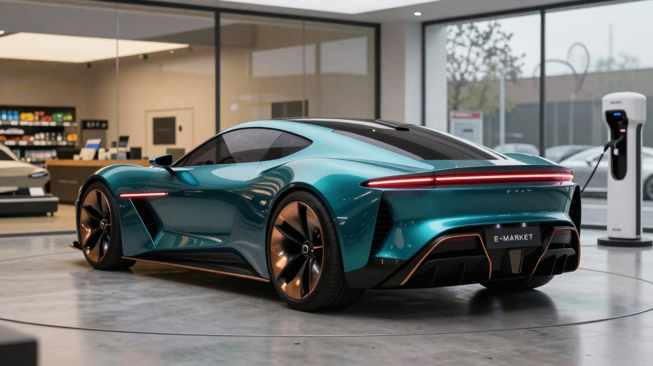 Carro desportivo elétrico azul metálico numa estação de carregamento interior moderna.