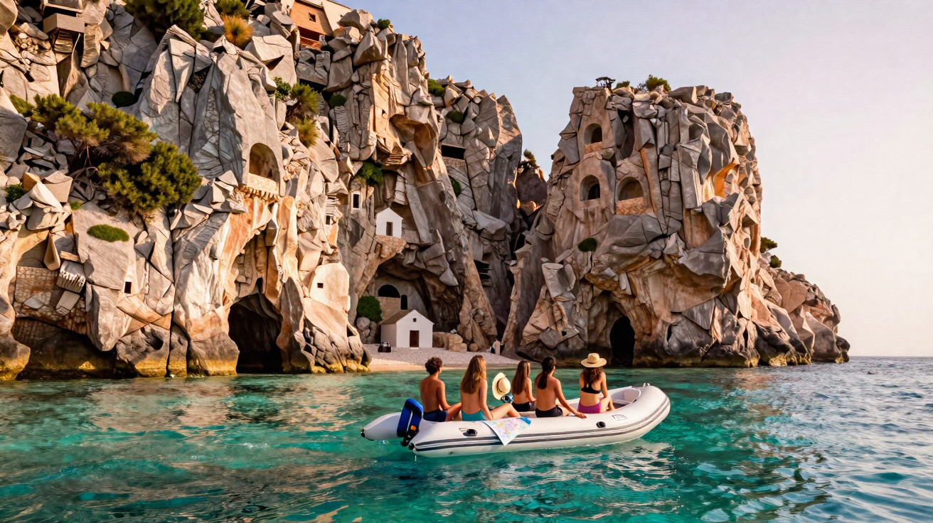 Grupo de seis pessoas num barco insuflável próximo de grutas rochosas com pequenas construções brancas na costa.