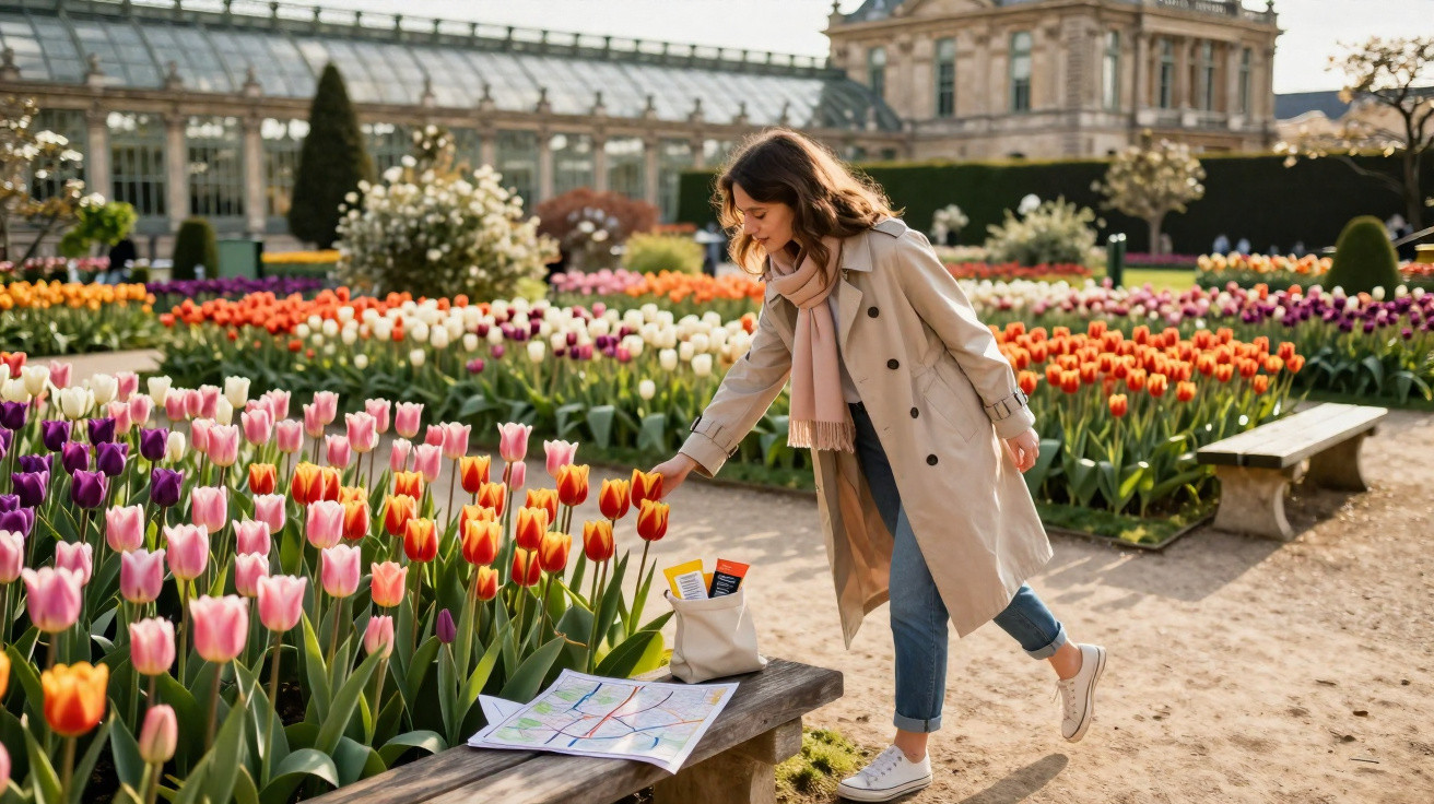 Mulher de gabardina toca tulipas num jardim florido com várias cores e bancos de madeira ao fundo.