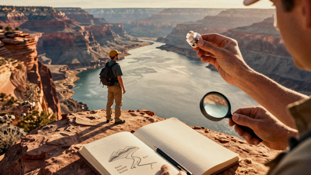 Pessoa a observar uma rocha com lupa, com caderno de desenhos geológicos aberto e desfiladeiro ao fundo.