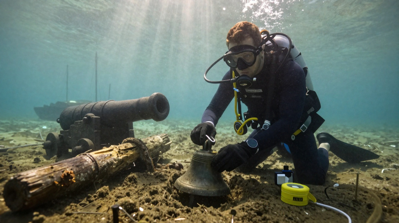Mergulhador explora sino antigo submerso perto de canhão em fundo marinho com barco à superfície.