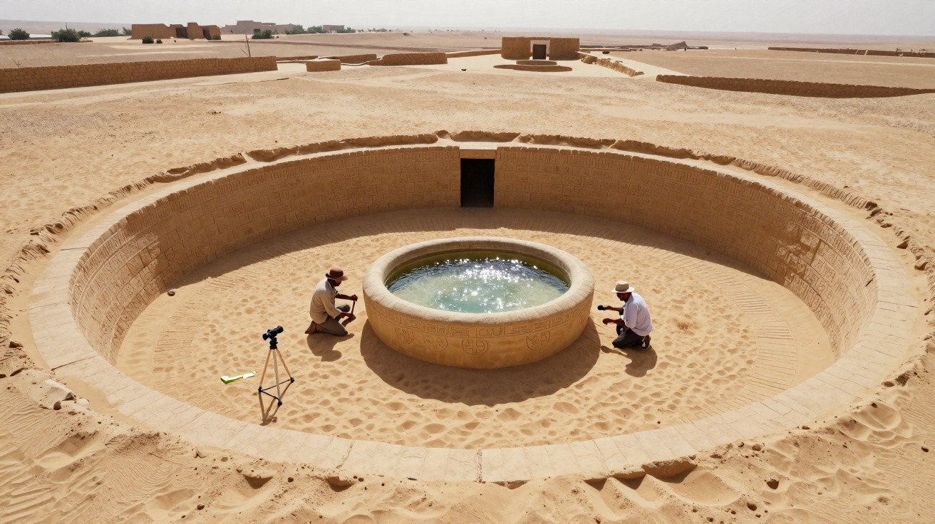 Dois arqueólogos trabalham numa estrutura circular antiga com água no deserto arenoso.
