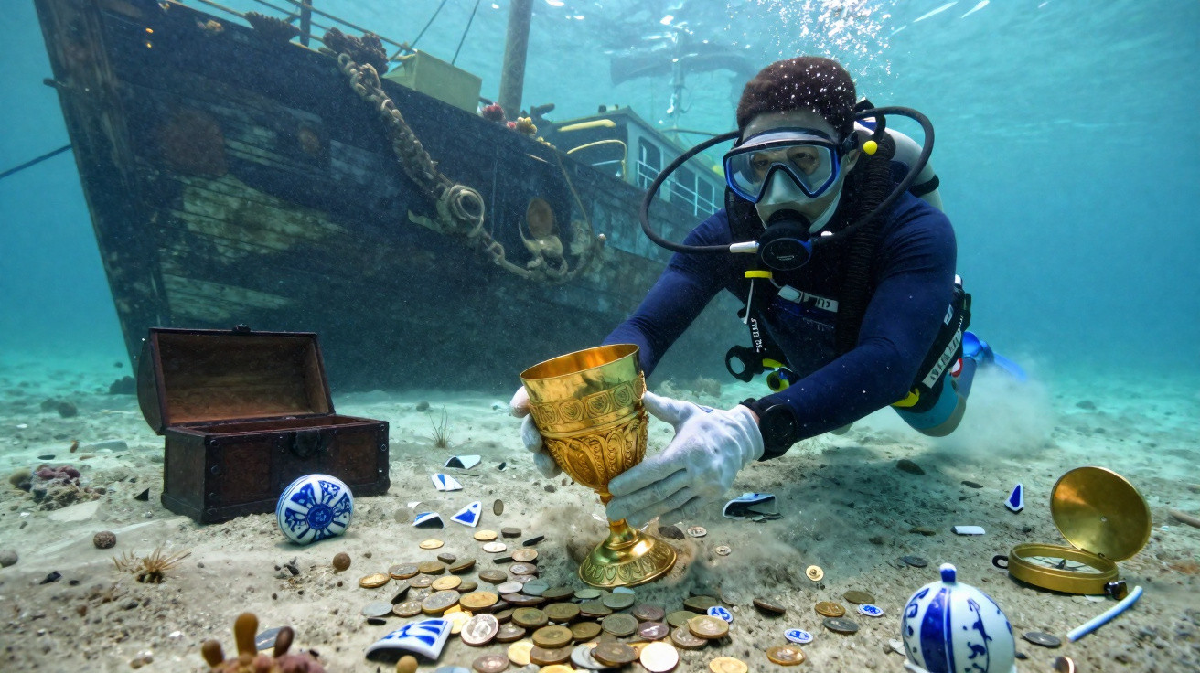 Mergulhador recolhe um troféu dourado no fundo do mar junto a moedas, objetos antigos e um navio naufragado.