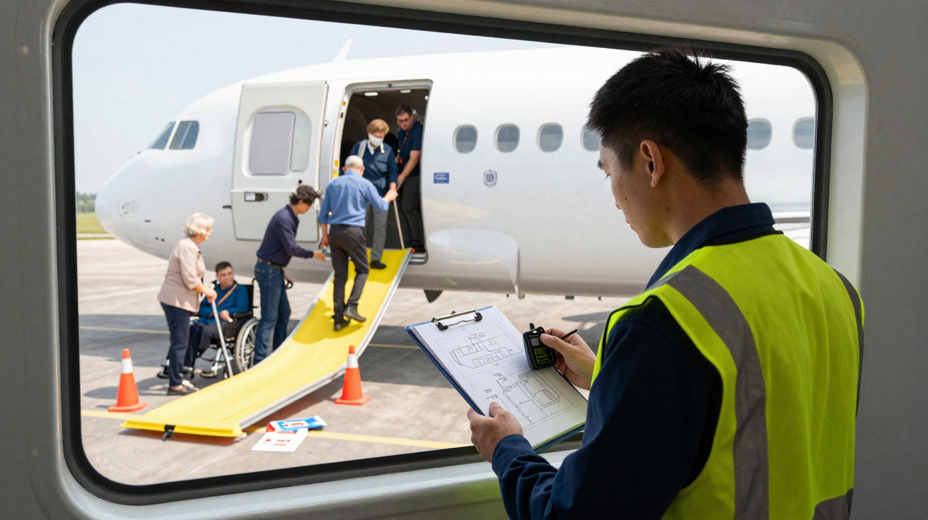 Homem com colete refletor verifica lista enquanto pessoas desembarcam de avião pelo corredor de acesso.