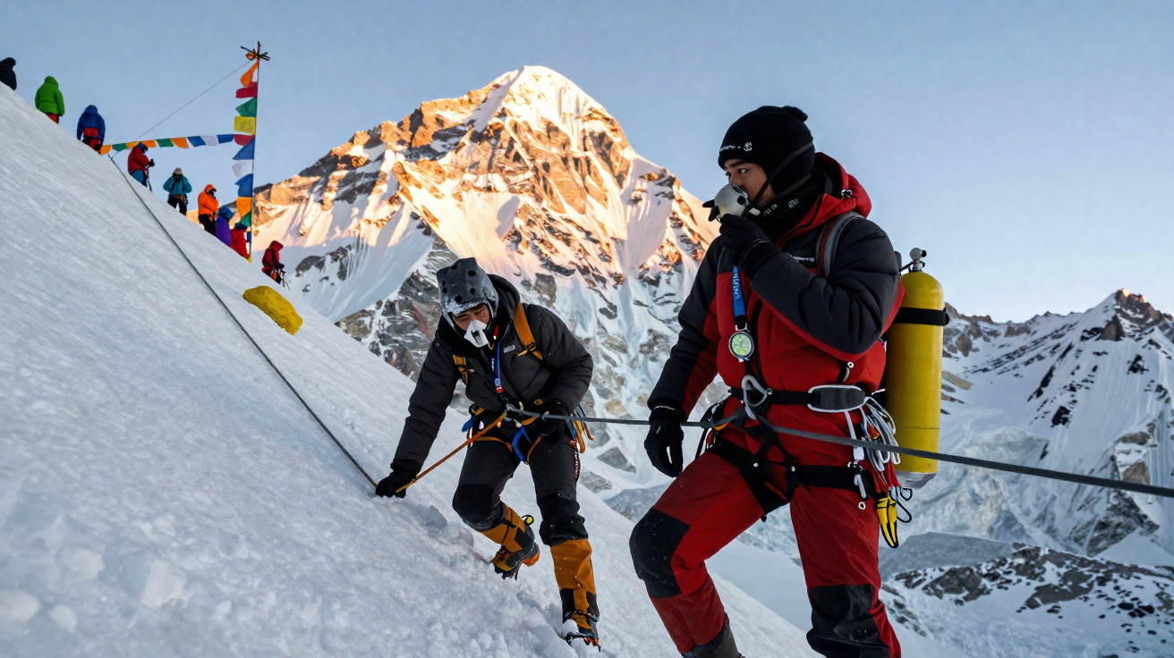 Grupo de alpinistas equipados a subir montanha nevada com cordas, em ambiente de alta altitude.