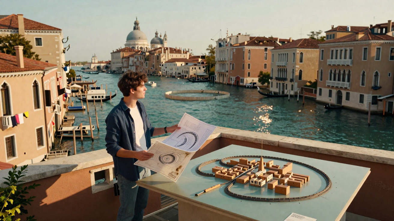 Homem com mapa observa o canal Grande de Veneza com edifícios históricos e gôndolas ao fundo.