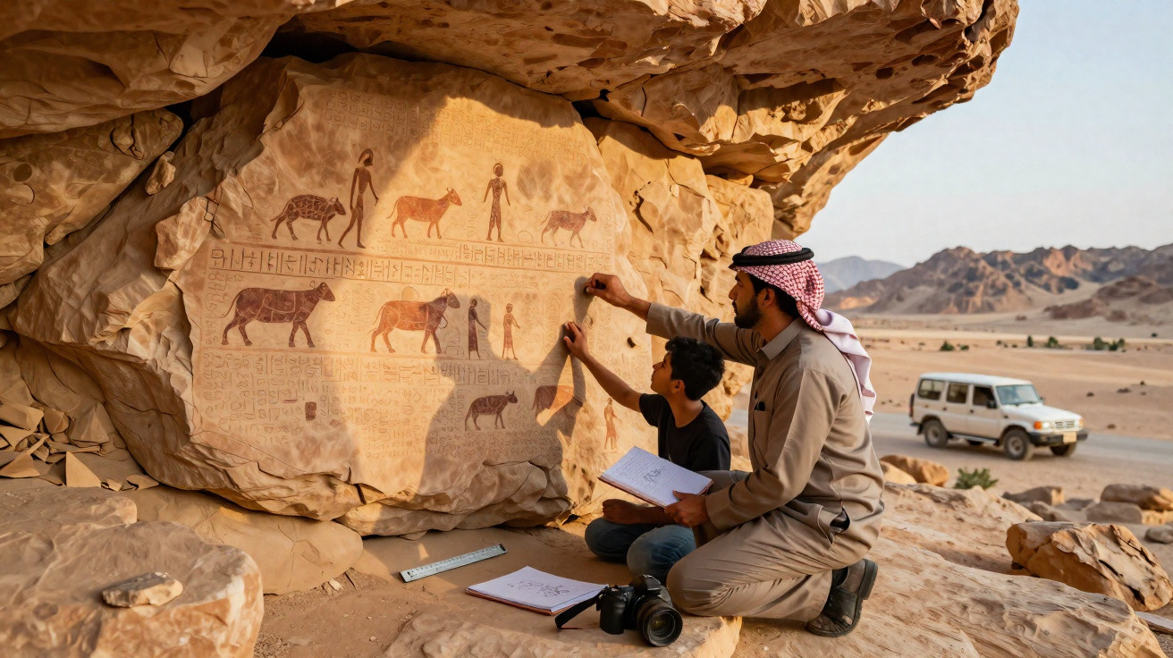 Dois homens observam e desenham gravuras rupestres de animais numa rocha no deserto.