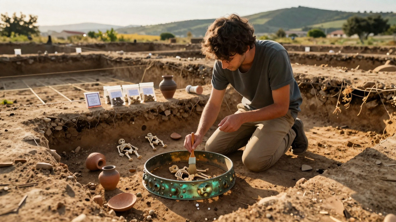 Arqueólogo escavando e limpando um sítio arqueológico com artefactos e fragmentos cerâmicos.