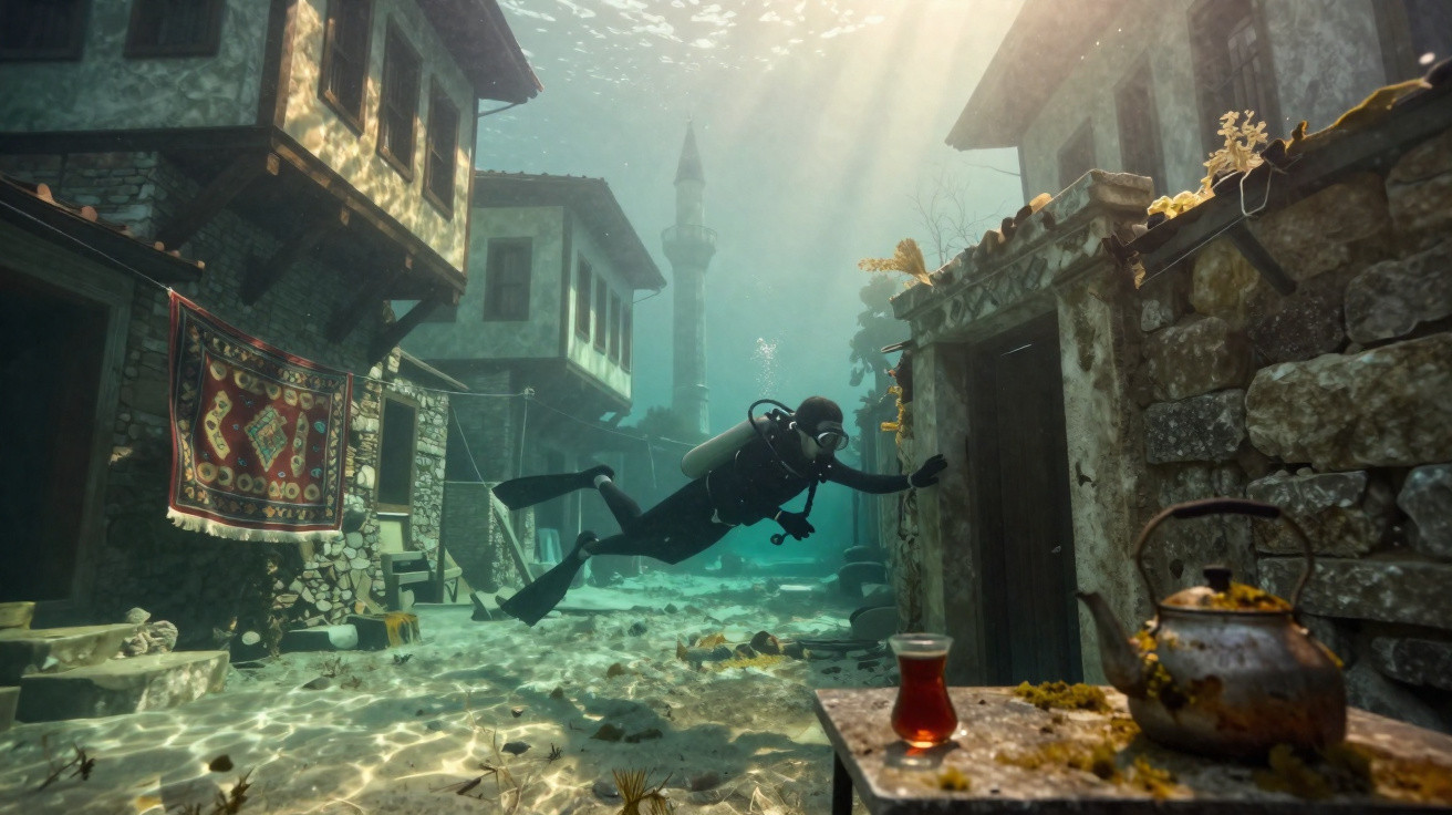 Mergulhador explora uma aldeia submersa com casas tradicionais, chaleira e copo de chá em primeiro plano.