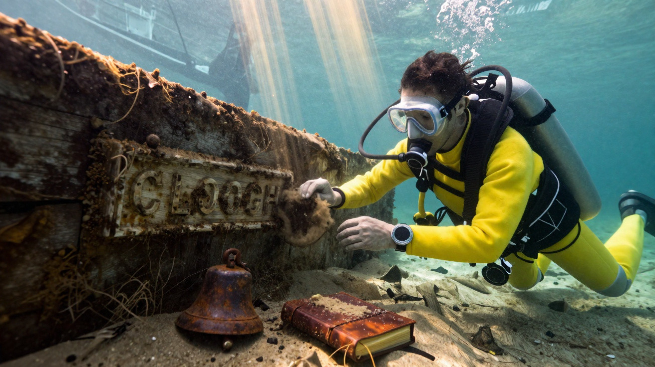 Mergulhador explora naufrágio com sino enferrujado e diário subaquáticos no fundo do mar.