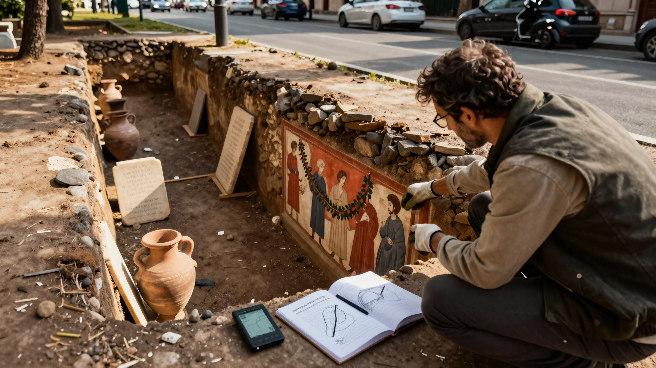 Arqueólogo examina pinturas murais em escavação arqueológica urbana com túmulos e artefactos antigos.