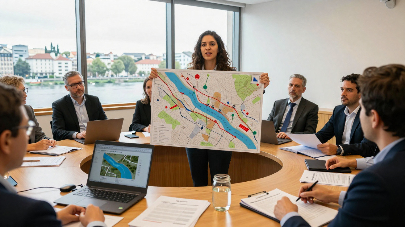 Reunião de negócios numa sala com vista para o rio, onde uma mulher apresenta um mapa a cinco colegas.