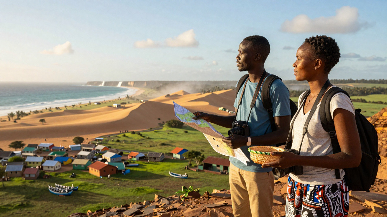 Casal de turistas consulta mapa numa colina com dunas de areia, casas coloridas e mar ao fundo.
