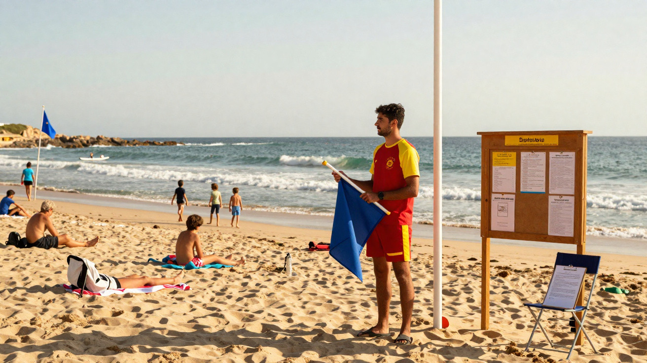 Salvador na praia com bandeira azul, pessoas sentadas na areia e outras junto ao mar num dia soalheiro.