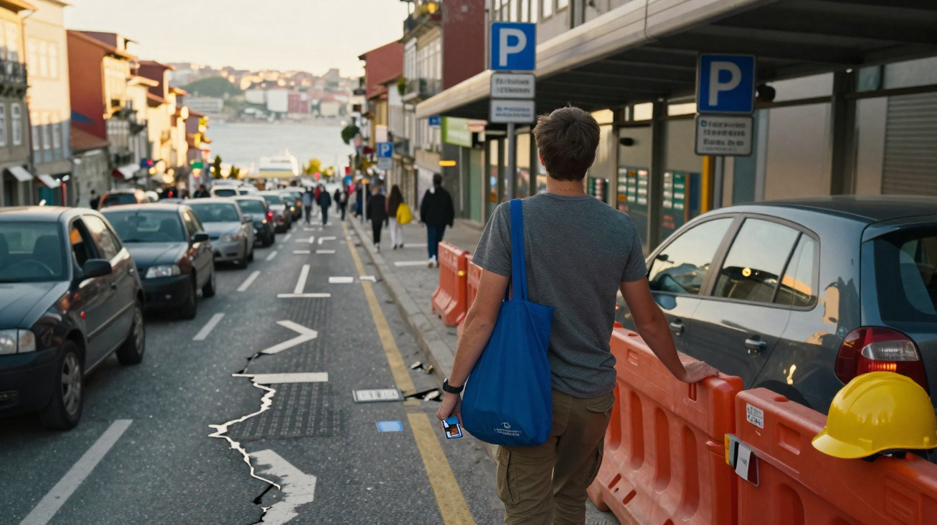 Homem de costas com saco azul caminha ao lado de carros estacionados numa rua com capacete amarelo sobre barreira.