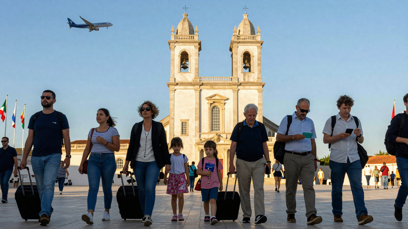 Pessoas a passear com malas em frente à Igreja de São Vicente de Fora, Lisboa, com avião no céu.