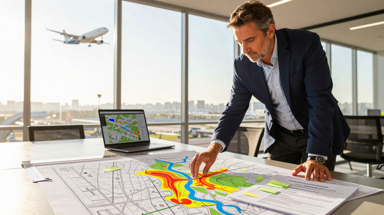 Homem de negócios a analisar mapas de planeamento urbano numa mesa com janela para aeroporto.