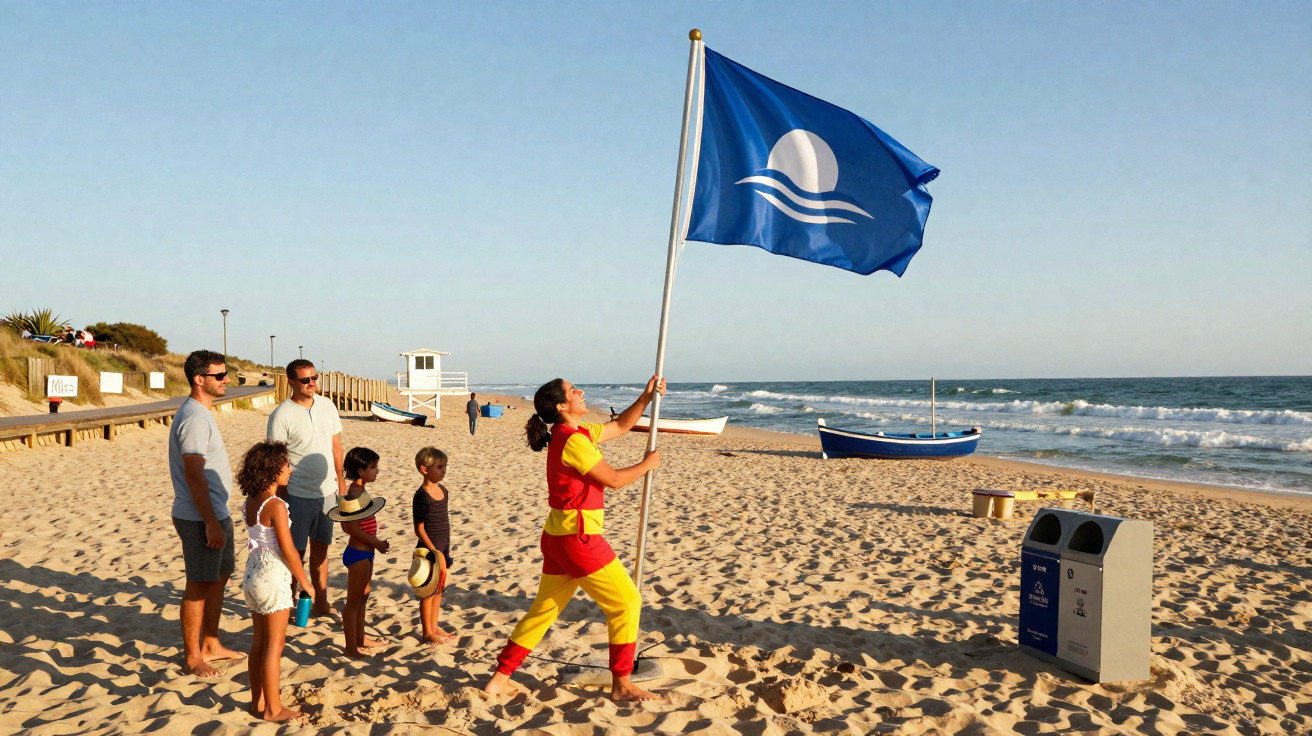 Pessoa a içar bandeira azul numa praia com crianças a observarem e mar ao fundo num dia soalheiro.