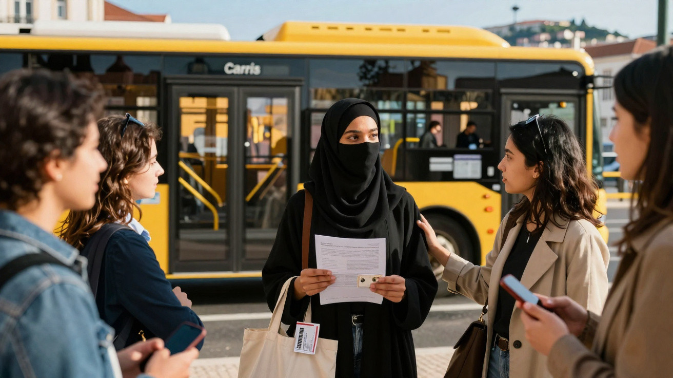 Mulher com véu lendo documento para grupo de jovens ao lado de autocarro amarelo numa paragem.