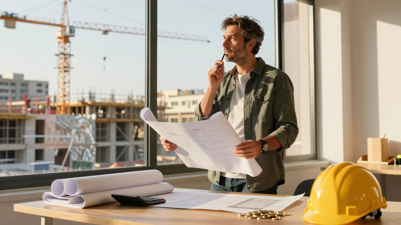 Homem a analisar plantas de construção perto de janela com obras ao fundo e capacete amarelo na mesa.