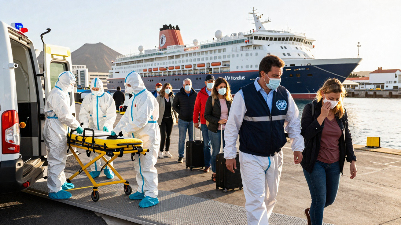 Profissionais de saúde com EPI e passageiros com máscaras desembarcam de cruzeiro junto a ambulância no porto.