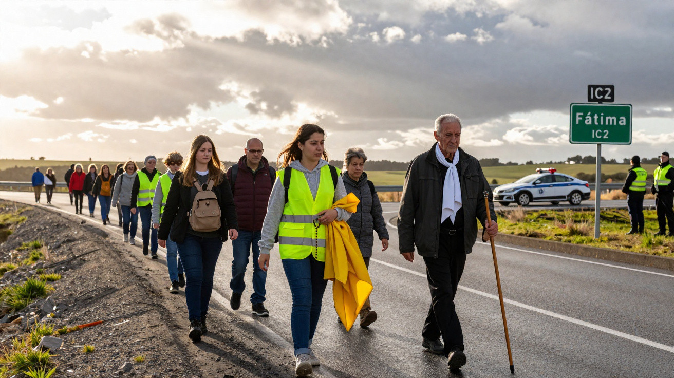 Grupo de peregrinos a caminhar pela estrada em direção a Fátima num dia nublado.