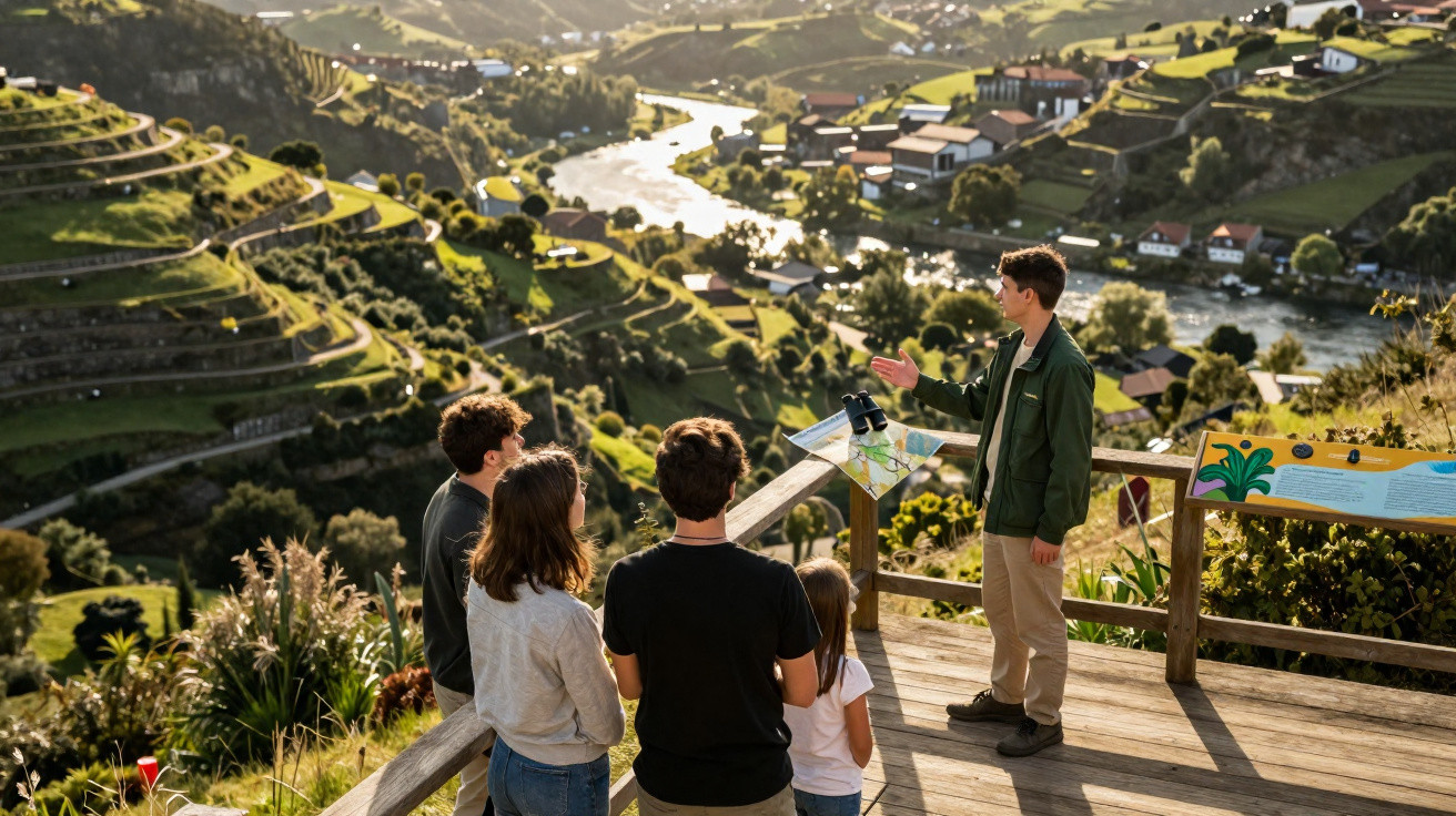 Grupo de pessoas observa paisagem de vinhas em socalcos junto a rio em colinas ao pôr do sol.