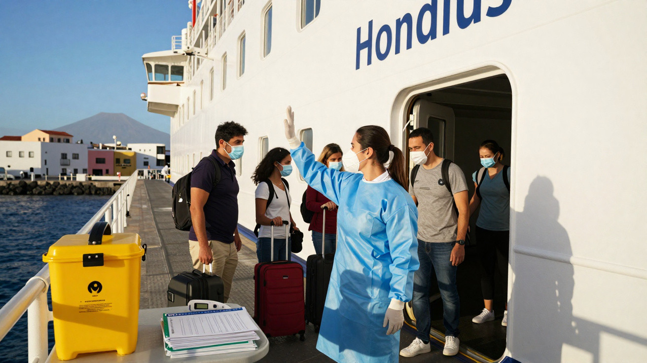 Passageiros com mascaras desembarcando do navio Hondius enquanto profissional de saúde controla o acesso.
