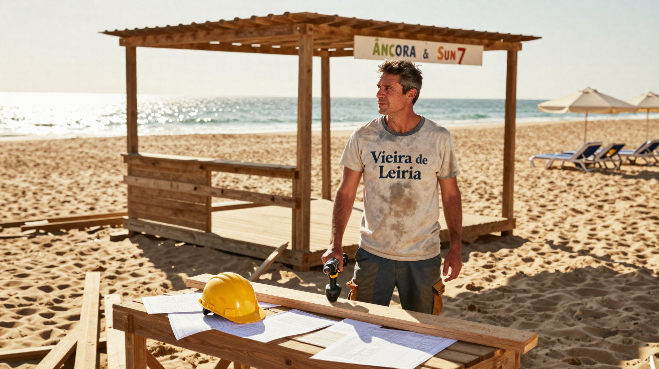 Homem a trabalhar numa construção de madeira na praia, com capacetes e plantas sobre a mesa.