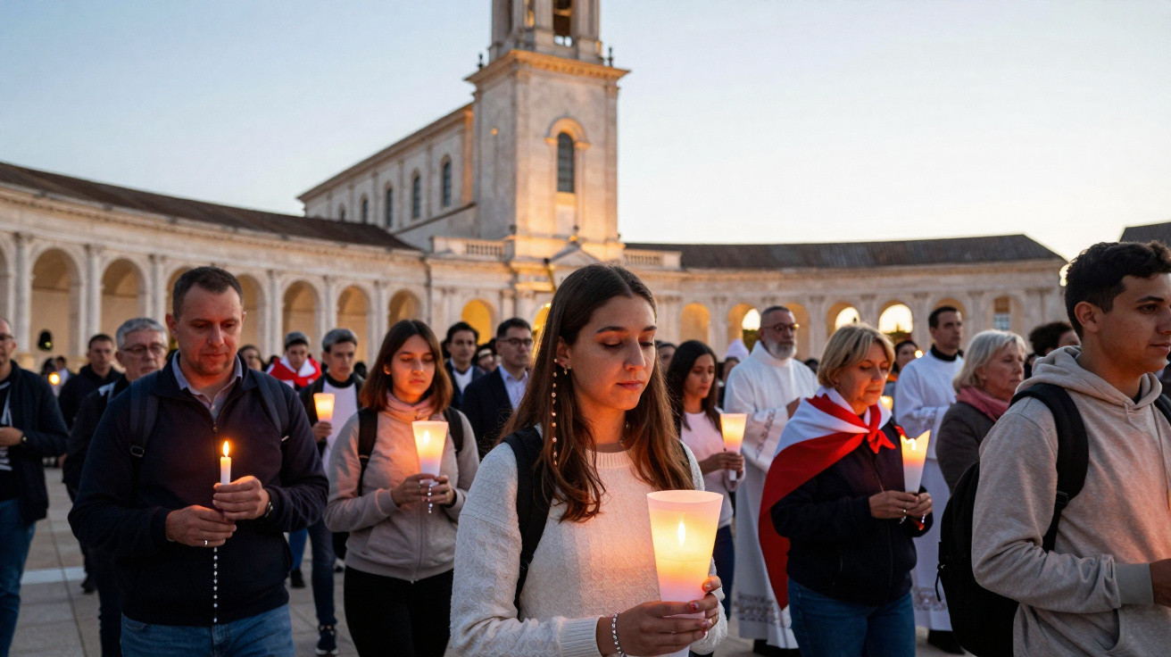 Grupo de pessoas seguras a velas numa vigília à noite em frente a um edifício religioso iluminado.