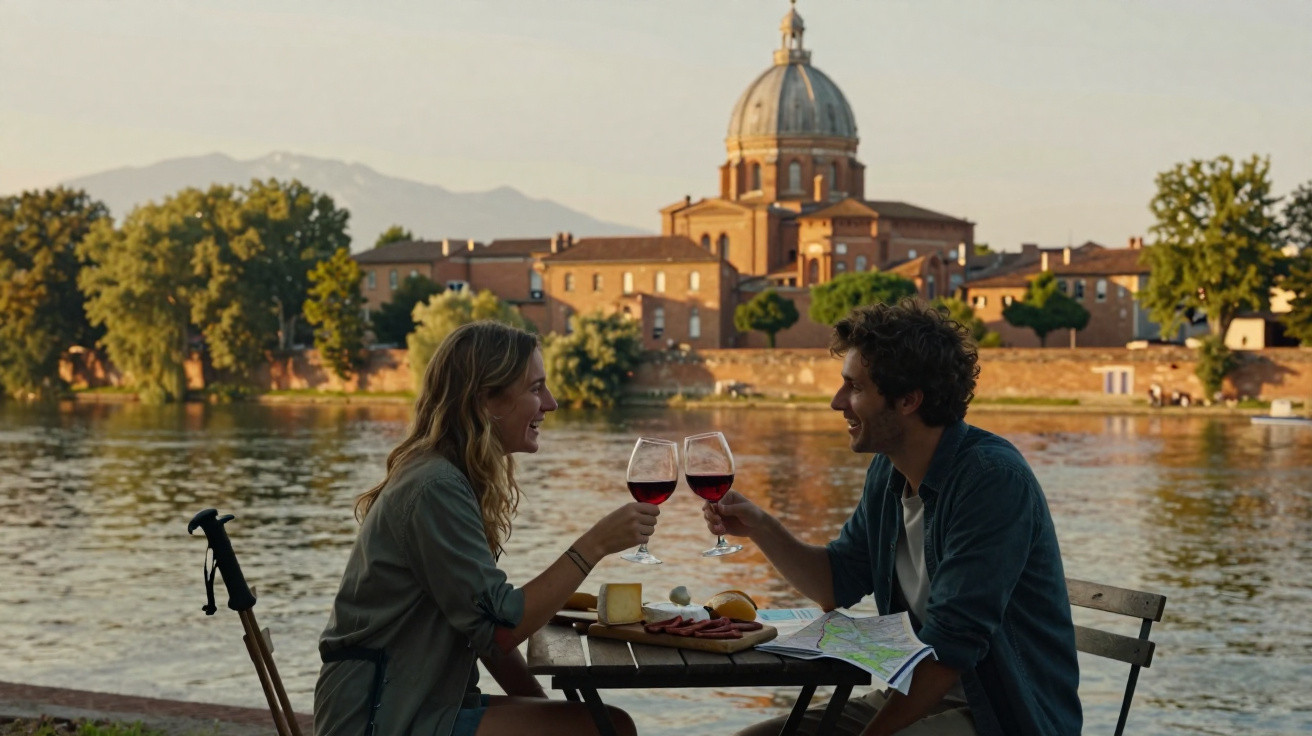 Casal a brindar com vinho tinto num piquenique junto a um rio, com queijo e pão, e prédio histórico ao fundo.