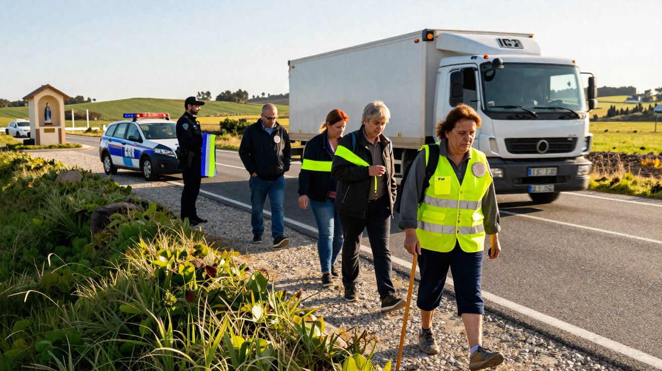 Grupo de pessoas com coletes refletivos a caminhar junto a estrada com viatura policial e camião ao fundo.