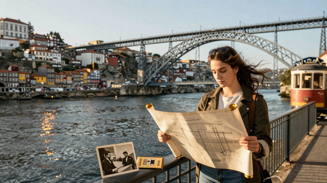 Mulher junto ao rio Douro no Porto a olhar para planta arquitetónica com a ponte Dom Luís I ao fundo.
