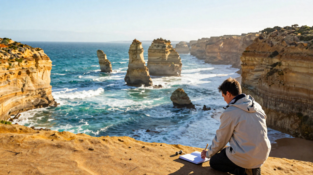 Pessoa com casaco bege a desenhar em caderno junto a falésia com vista para mar e formações rochosas.