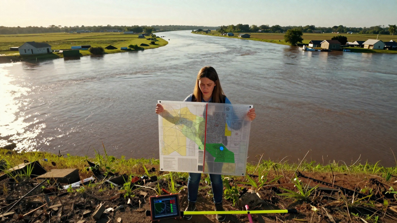 Mulher com mapa topográfico junto a um rio largo e casas numa paisagem rural ao pôr do sol.