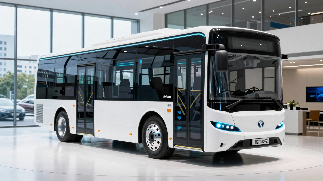Autocarro elétrico branco com janelas escuras exposto em salão moderno e espaçoso.